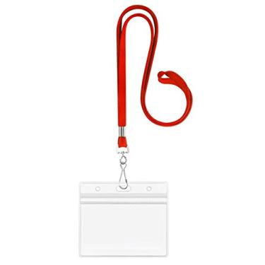 Imagem de Cordão plano com suporte para crachá Suportes horizontais para etiquetas de identificação e cordões para pescoço Suporte para cartão de identificação em PVC à prova d'água da ZHEGUI (Vermelho Liberty, pacote com 100)
