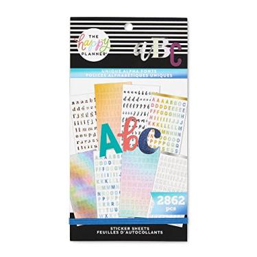 Imagem de The Happy Planner Pacote de adesivos para calendários, diários e projetos – multicolorido, fácil de destacar – acessórios para scrapbook – tema exclusivo de fontes alfa – 30 folhas, 2862 adesivos no total