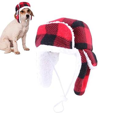 Imagem de Yajun Chapéus de cachorro macios de inverno chapéu xadrez de gato de pelúcia engraçado quente decorativo chapéu de cachorro caminhando ao ar livre vestido de festa à prova de vento, vermelho, tamanho único
