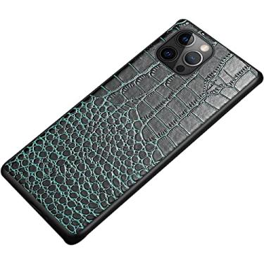 Imagem de MAALYA Capa de couro genuíno para iPhone 14/14 Plus/14 Pro/14 Pro Max, textura clássica de crocodilo premium couro real TPU silicone capa protetora fina híbrida (Cor: azul, Tamanho: 14)