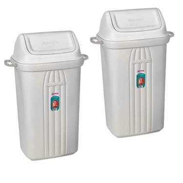 Imagem de Kit 2 Lixeira 60 Litros Plástico Tampa Basculante Cesto De Lixo Com Alças Áreas Externas Cozinha - Sanremo - Branco
