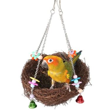Imagem de Ninho de ratã natural pequeno, médio e grande, balanço de pássaro com sinos para periquito de papagaio, calopsita conure, cacatua, arara, amazon, pássaro africano, cinzento, tentilhão, canário, periquito, gaiola, brinquedo (grande)