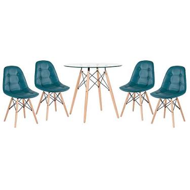 Imagem de Loft7, Kit Mesa de vidro Eames 80 cm + 4 cadeiras estofadas Eiffel Botonê turquesa