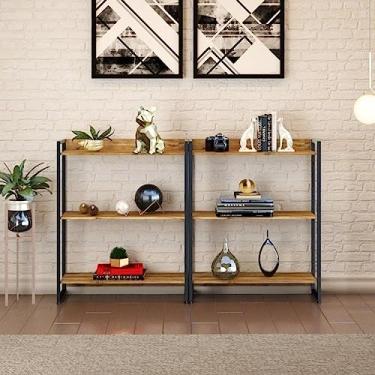 Imagem de Conjunto 2 Estantes para Livros Baixas Industrial Aço 3 Prateleiras 104x80cm Active Yescasa Carvalho