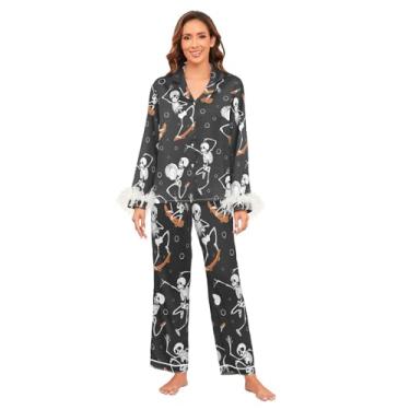 Imagem de GuoChe Pijama de cetim feminino confortável perna larga punho penas bonito pijama para mulheres conjunto roupa de dormir longa para mulheres para, dormir P, Esqueleto dançando Happy