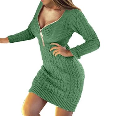 Imagem de Howstar Vestido feminino com gola V, colado ao corpo, com zíper, sólido, manga comprida, vestido midi de malha canelada, suéter grosso de inverno, Verde, GG