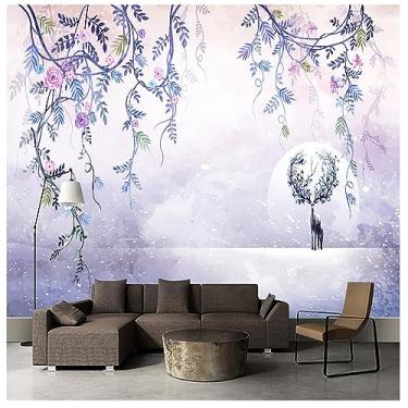 Imagem de TUYIFA Sonho romântico aquarela aquarela flores videiras rena papel de parede 3D papel de parede fundo sofá mural decoração sala de estar quarto escritório (138''x100''(350x256 cm), pano de seda)