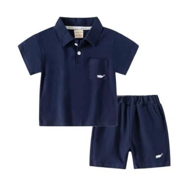 Imagem de Conjunto de 2 peças de camiseta esportiva de manga curta para bebês meninos e bebês meninos camisa polo de manga curta, Azul-marinho, 120/4-5 Y