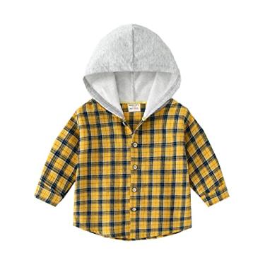Imagem de Camisa de beisebol para meninos inverno outono moletom com capuz blusa casaco para roupas de bebê xadrez amarelo oliva meninos manga longa, Amarelo, 3-4T