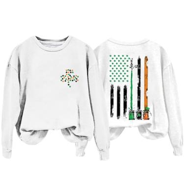 Imagem de Camisetas femininas de St Patrick S Day engraçadas manga longa bandeira irlandesa americana verde ajuste solto gráfico camisetas modernas, Branco, P