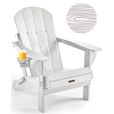 Imagem de CIOKEA Cadeira Adirondack dobrável, textura de madeira, cadeira Adirondack de pátio resistente ao clima, cadeira de lareira de plástico com suporte de copo, cadeira de gramado para varanda ao ar livre jardim quintal deck (branco)