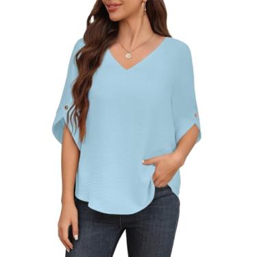 Imagem de Askyes Blusas femininas de chiffon de verão 2024 3/4 de sino camisetas de manga curta casuais soltas elegantes para leggings blusa, B3 - azul, G