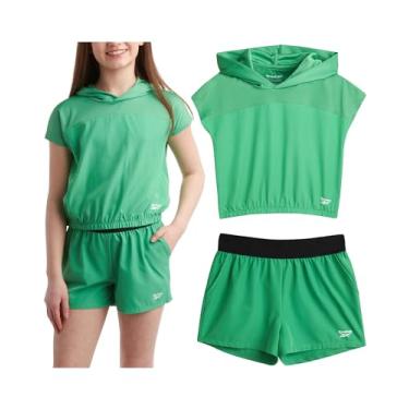 Imagem de Reebok Conjunto de shorts para meninas – Camiseta de manga curta com shorts de ginástica de tecido macio – Conjunto casual Athleisure para meninas (7-12), Verde esportivo, 10