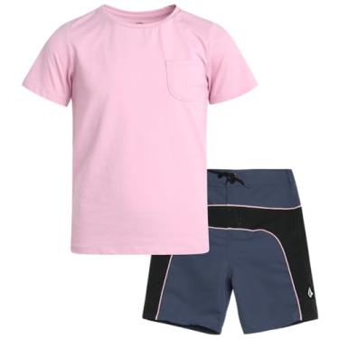 Imagem de Volcom Conjunto de roupa de banho para meninos - camiseta de manga curta de 2 peças e shorts de banho - conjunto de roupa de banho para meninos (2-7), Rosa desbotado, 5