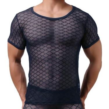 Imagem de GENEMEN Camiseta masculina transparente de malha transparente de manga curta com estampa de diamante, Azul-marinho, G