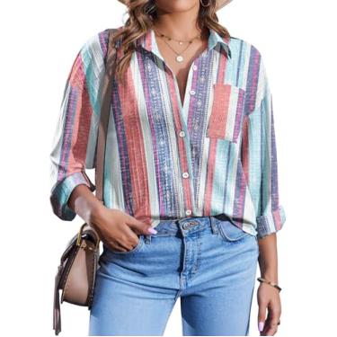 Imagem de IN'VOLAND Camisa feminina plus size de botão listrada com colarinho camisa de manga comprida texturizada blusa de trabalho tops com bolsos, Vermelho multicolorido., 21 Plus Size