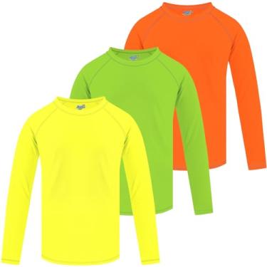Imagem de Pacote com 3 camisetas de natação Rash Guard de manga comprida FPS + 50 camisetas de sol para crianças pequenas Rashguard, Verde abacate, laranja e amarelo, 9-10 Years
