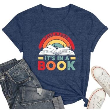 Imagem de WEITUN Camiseta feminina Take a Look It's in a Book Funny Reading Rainbow Graphic T-Shirt Book Lover Gift Tops, Azul, P