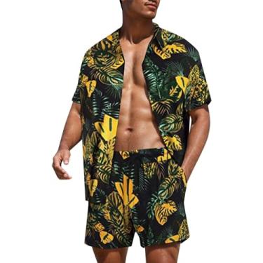 Imagem de Conjunto de camisetas e shorts havaianos masculinos, conjunto de 2 peças, roupas tropicais de férias de manga curta, camisa de praia com botões, B#_dourado, XXG