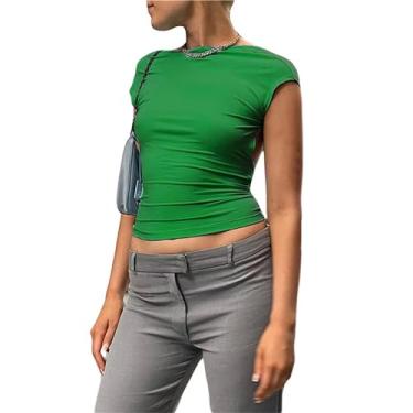 Imagem de newrong Camiseta feminina frente e verso frente única justa manga curta sexy, Verde, G