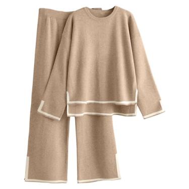 Imagem de Tankaneo Conjunto feminino de 2 peças de suéter de manga comprida pulôver de manga comprida calça larga, Caqui, G