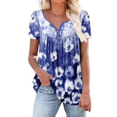 Imagem de Camiseta feminina fashion casual floral gola V abotoada manga curta confortável algodão, Caqui, P