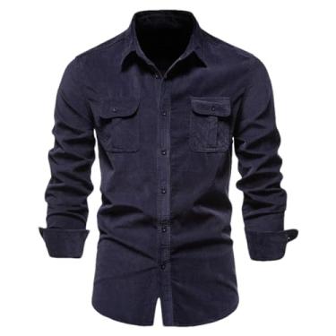 Imagem de BoShiNuo Camisas masculinas de veludo cotelê de algodão outono cor sólida slim fit casual manga longa camisa social para homens, Azul marinho, XXG