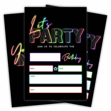 Imagem de JCVUK Let's Party! Convites de aniversário - Tema neon colorido - 20 peças de cartões de convite e envelopes de preenchimento dupla face para meninos, meninas, crianças, lembrancinhas de festa de