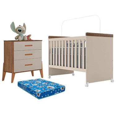 Imagem de Berço Mini Cama Lívia e Cômoda Gaveteiro Emilly Off White Carvalho com Colchão Ortobom...