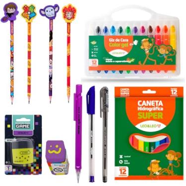 Imagem de Kit Material Escolar Infantil com 33 Itens Giz de cera Gel Canetinha Lápis Grafite com Borracha - Leo e Leo