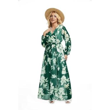 Imagem de lvenzse Vestido maxi feminino boho chiffon estampado floral decote em V vestidos longos, Chiffon-verde floral, M