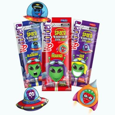 Imagem de Pirulito Brilha no Escuro Sabor Variado Blueberry Morango Uva 24 Unidades 10g Kydoidera (SPACE AVIATOR)