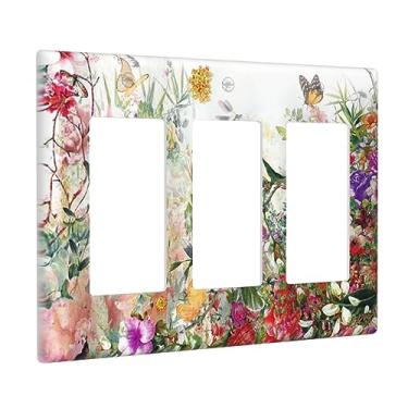 Imagem de Planta floral aquarela flor borboleta 3 gangues interruptor de luz placa de interruptor de luz tripla tomada decorativa decoração GFCI placa elétrica para banheiro cozinha decoração de casa