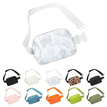 Imagem de Frenou Bolsa de cinto de cintura moda pochete feminina e masculina presente pacote de cintura com alça ajustável para viagem, corrida, caminhada e caminhada, Camuflagem branca, Pacote com 1 com corda