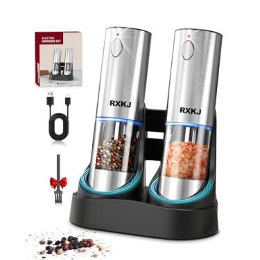 Imagem de Conjunto de moedor elétrico de sal e pimenta, moedor de pimenta automático de aço inoxidável com base de carga graduada e luz LED, grossura ajustável, conjunto de moedor de especiarias de sal marinho