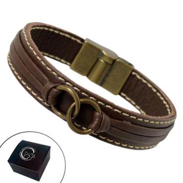 Imagem de Pulseira de Couro Masculina Magnética Marrom 2 Circulos Ouro Velho - G