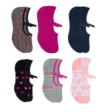 Imagem de Kit Com 6 Pares De Meias Femininas Selene Pilates Antiderrapante Com V