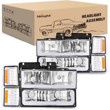 Imagem de Nilight Conjunto de faróis LED DRL para Chevy Silverado 1500 2500 3500 1994 1995 1996 1997 1998, Chevrolet Tahoe/C10/CK/Suburban 1994-1998, refletor âmbar de invólucro cromado