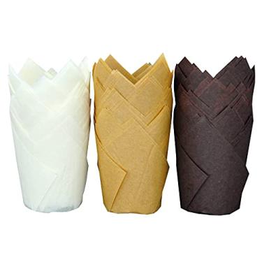 Imagem de QLSmypkg Grandes embalagens de papel à prova de gordura, muffin, forros de copos de cupcake, 5,8 cm x 10 cm, natural, marrom, branco, 3 cores em uma caixa, suportes de copos de cozimento de tulipa 125 peças (grande) (125, multi 3)