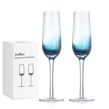 Imagem de Joeyan Conjunto de 2 taças de champanhe amassadas à mão, taças de champanhe com fundo de cor azul, taças de vinho com gás para degustação de vinhos, bar de festa de casamento, presente exclusivo para o Natal
