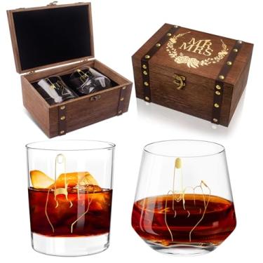 Imagem de Melonva Caixa de lembrança de casamento com taças de vinho douradas - presentes de noivado para casais 2024 - Caixa de memória para noivo recém-noivo (anéis), normal