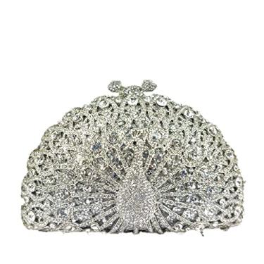 Imagem de Boutique De FGG Bolsa de mão feminina com strass pavão para noite, bolsa de mão rígida de casamento, festa de cristal, mini, Prata, Small