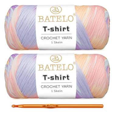 Imagem de BATELO Pacote com 2 fios de crochê para iniciantes em crochê/cesta/porta-copos, fio de camiseta 400 g/144 jardas de tecido de poliéster (rosa e roxo)
