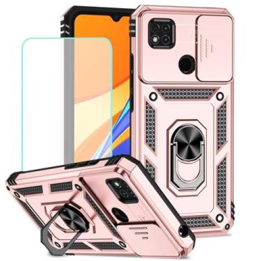 Imagem de Vokuha Capa para Xiaomi Redmi 9C/Redmi 10A/Redmi 9C NFC/Redmi 9 Activ com protetor de tela de vidro temperado e capa de câmera deslizante, capa magnética com suporte de anel giratório de 360° para