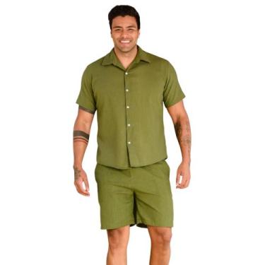 Imagem de Conjunto de Linho Masculino Camisa botão Linho Short Linho Masculina -