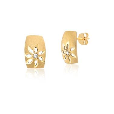 Imagem de Par De Brincos Chapinha Com Flor Vazada Em Ouro 18k Ab87 - MAEHLER JOI