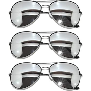 Imagem de Óculos de sol estilo aviador clássico armação de metal com lente colorida proteção UV 3 pares, Aviator-3p-black-silver, Medium