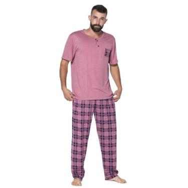 Imagem de Pijama Malha Masculino Camisa Com Bolso Lisa Calça Estampada - Bella F