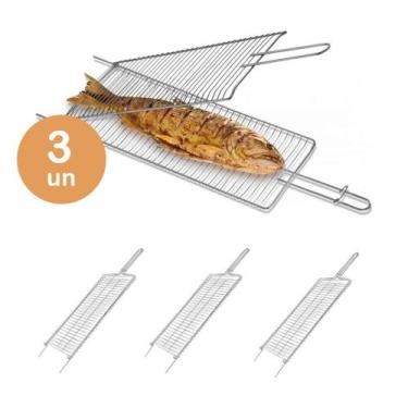 Imagem de 3un Grelha inox dobrável churrasco frango peixe carne 65cm - Araminas