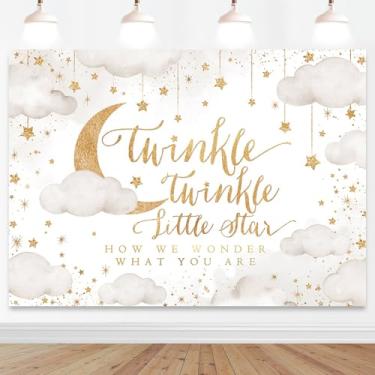 Imagem de Mocsicka Twinkle Twinkle Little Star Pano de fundo bege revelação de gênero menino ou menina decorações de fundo de festa lua nuvem decorações chá de bebê sessão de fotos cenários (bege, 2,1 x 1,5 m)